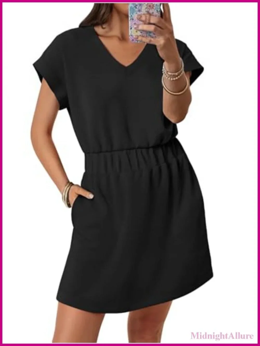 Women's V-Neck Short Sleeve Casual Tshirt Dress with Pockets